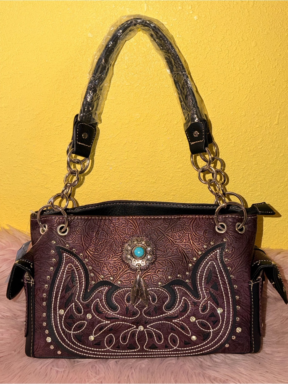 Burgundy Embossed Shoulder Bag with Turquoise Concho